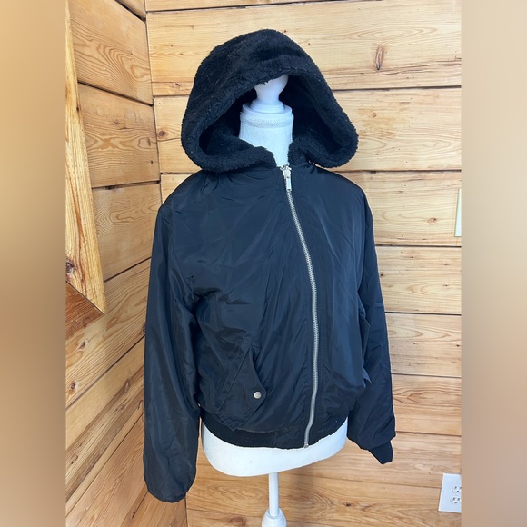 Vintage Y2K Black Faux Fur Hood Jacket Reversible Women’s Small McBling Mobwife - Picture 11 of 14